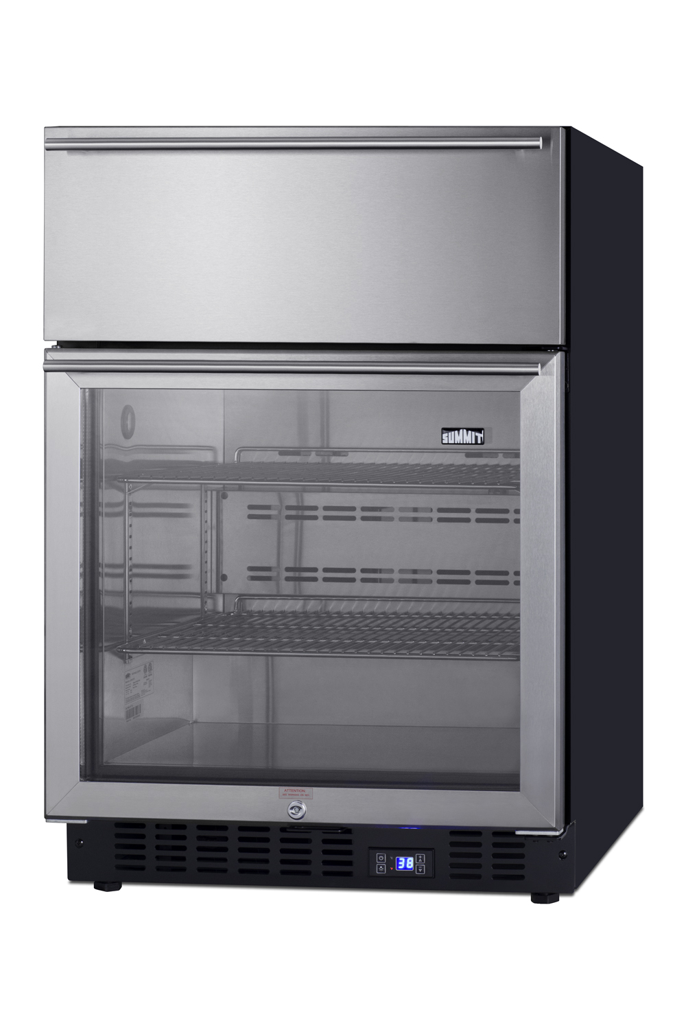 Commercially approved 4.76 cu.ft. undercounter beverage center with glass door and upper refrigerated drawer compartment